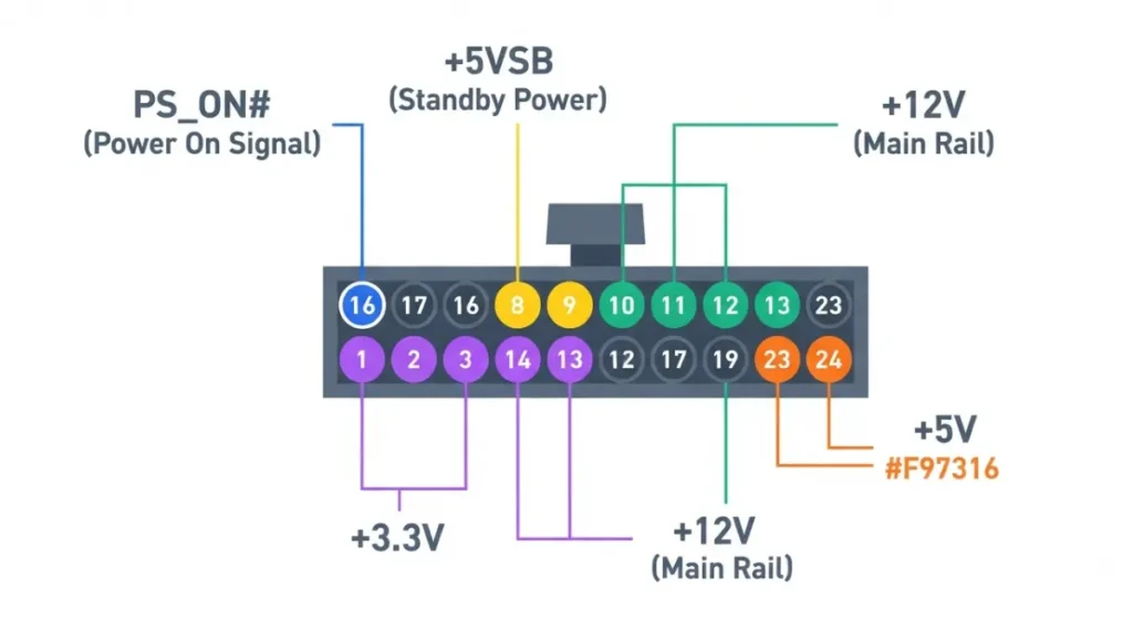Vector diagram of 24-pin ATX Power Connector showing PS_ON#, +5VSB, +12V, +5V, +3.3V pins on white background