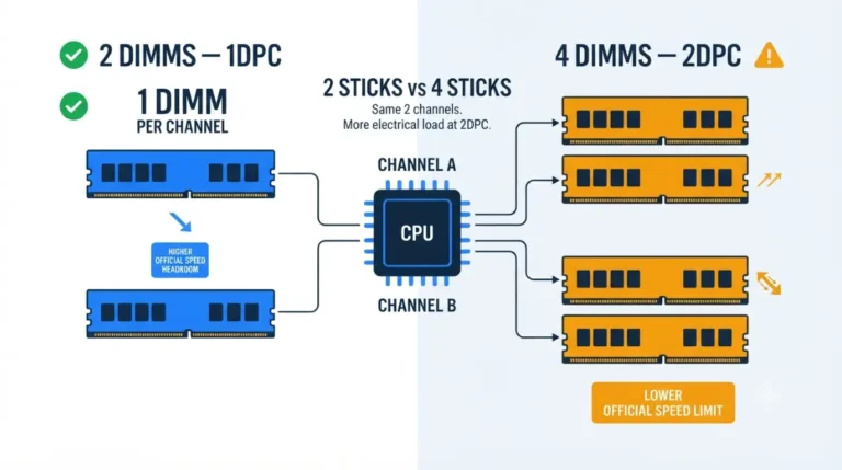 RAM comparison showing two DDR5 sticks at 1DPC and four DDR5 sticks at 2DPC with lower official speed limits