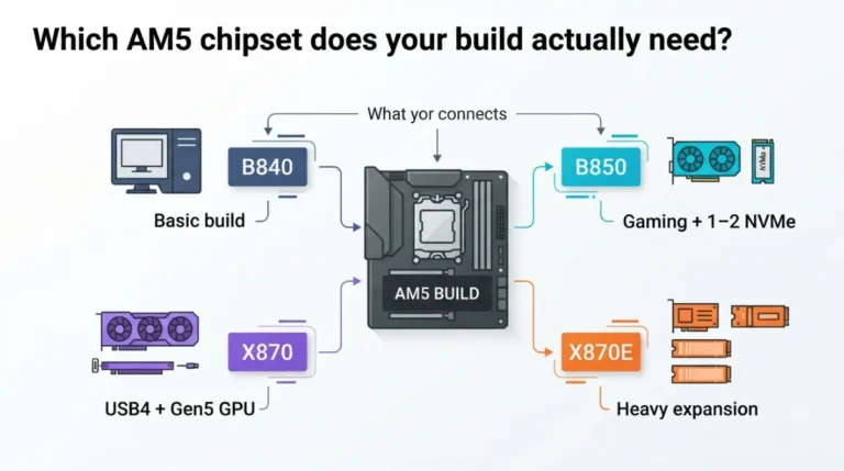 AM5 chipset selection guide showing B840, B850, X870, and X870E for different PC build types