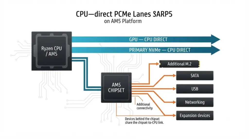 AM5 CPU-direct and chipset-connected PCIe lanes showing GPU, primary NVMe, USB, SATA, and networking paths