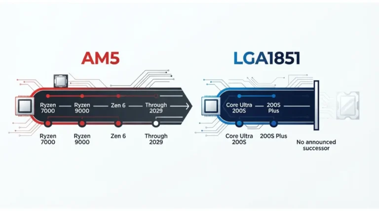 AM5 vs LGA1851 upgrade path comparison showing AM5 support through 2029 and LGA1851 ending after Core Ultra 200S Plus