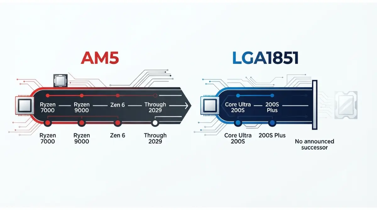AM5 vs LGA1851 upgrade path comparison showing AM5 support through 2029 and LGA1851 ending after Core Ultra 200S Plus