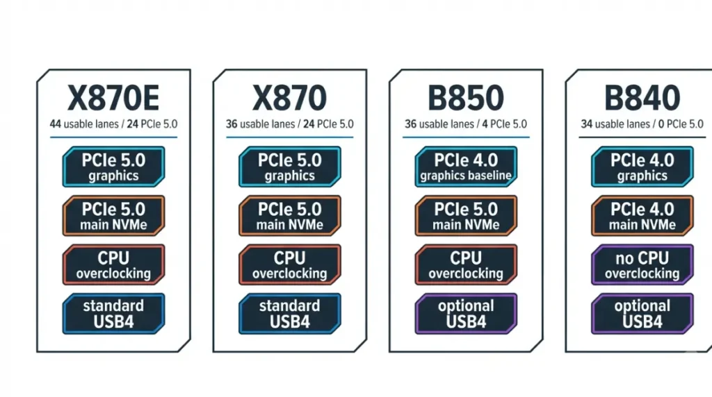 AM5 X870E, X870, B850, and B840 chipset comparison showing PCIe, USB4, lanes, and overclocking features