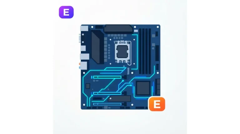 Vector illustration showing how the E suffix differs on AMD B650E, X670E, and X870E chipset across 600 and 800 series