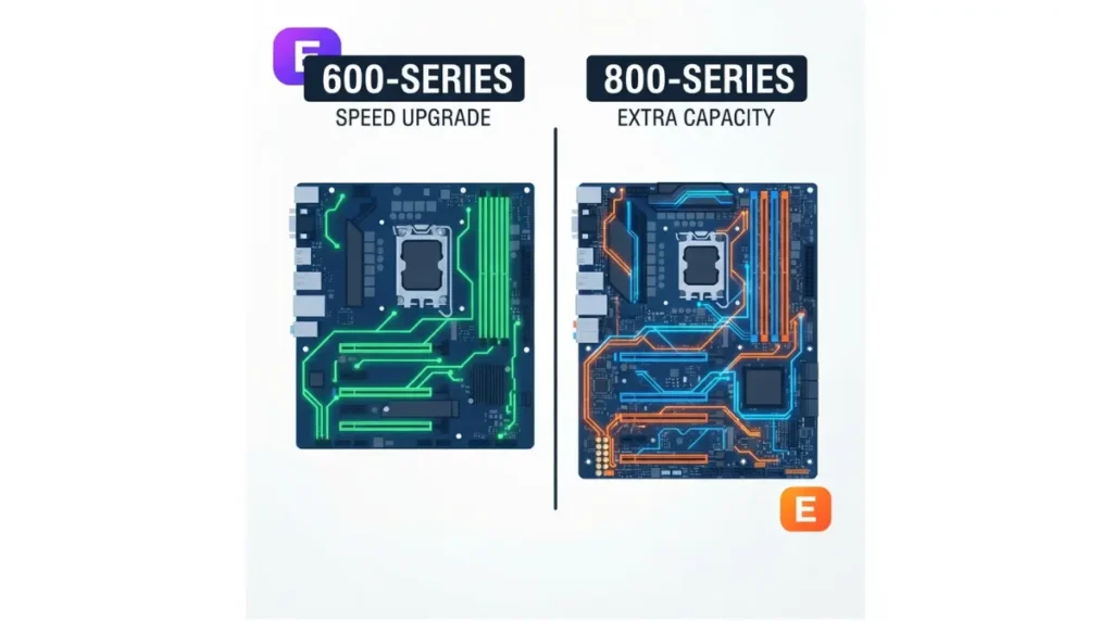 Diagram contrasting how the E suffix adds PCIe 5.0 speed on 600‑series AMD chipset but extra lanes and ports on 800‑series chipset