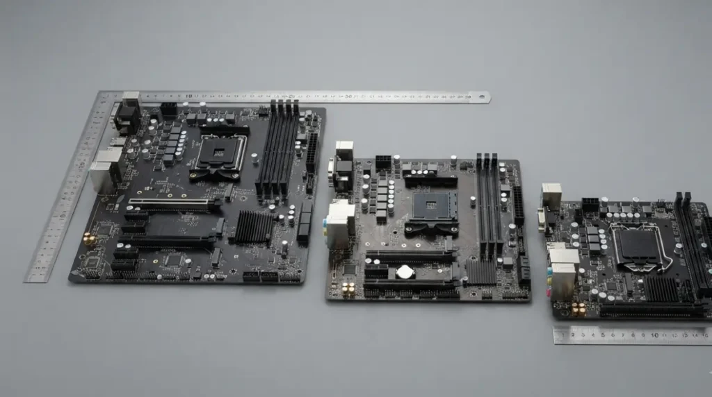 Motherboard size comparison showing ATX, microATX, and Mini-ITX boards from largest to smallest