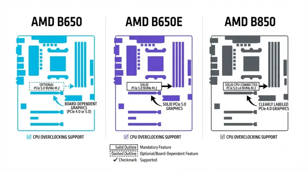 B850, B650E, and B650 PCIe comparison showing Gen5 NVMe storage and graphics-slot differences