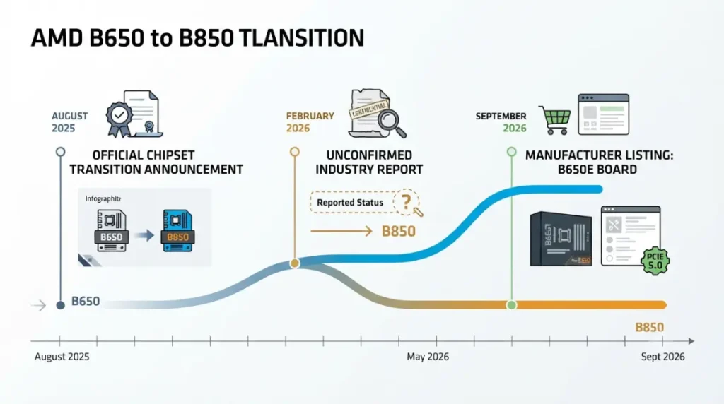 B850 transition timeline showing AMD B650 availability, reported supply, and new B650E motherboard listings