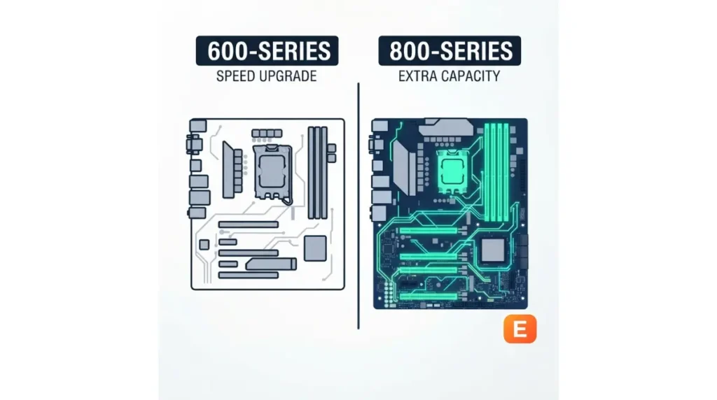 Comparison of B650 and B650E motherboards showing PCIe 5.0 guaranteed on GPU and M.2 only on B650E chipset