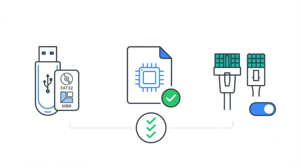 Vector checklist illustration showing USB drive with FAT32 icon, BIOS file icon, and power connector icons for BIOS Flashback on white background.