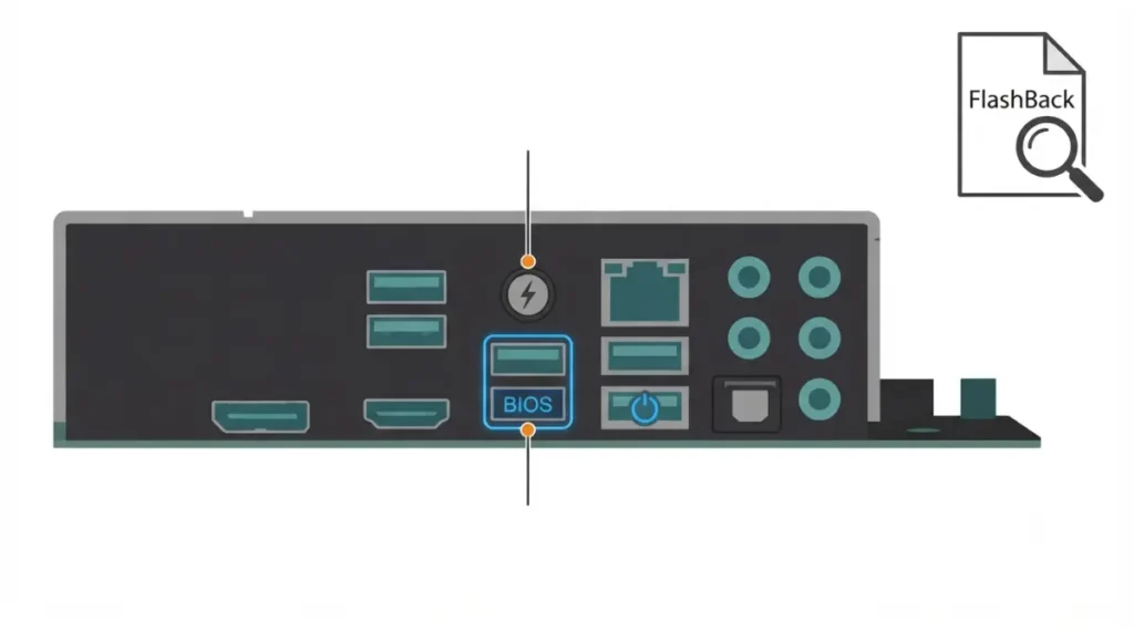 Vector diagram showing rear I/O panel with highlighted BIOS Flashback button and designated USB port on white background.