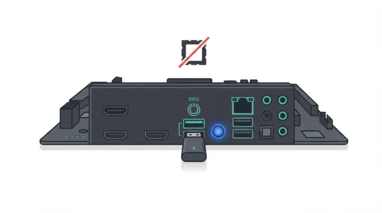 Vector illustration of a motherboard rear I/O with a USB drive in the BIOS Flashback port and a glowing button on a white background, showing you can update BIOS Flashback without a CPU.