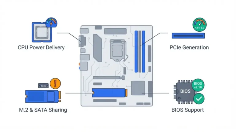 Vector illustration showing four key limits of a budget Motherboard: CPU power delivery, PCIe generation, M.2 and SATA slots, and BIOS support