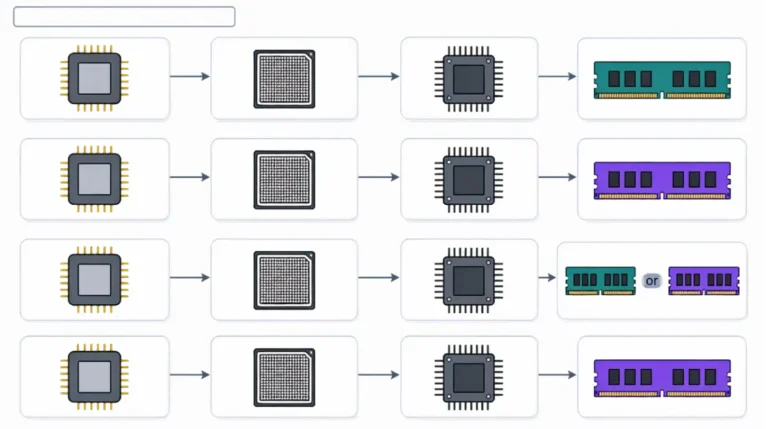 Diagram mapping AM4, AM5, LGA1700 and LGA1851 CPUs to the lowest-cost Motherboard chipset and DDR4 or DDR5 memory