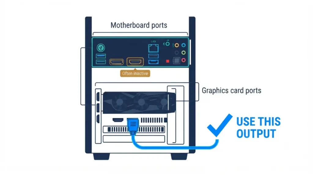 No Display from motherboard HDMI showing the monitor cable connected to the dedicated graphics card instead