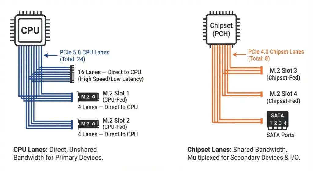 “Diagram showing PCIe lanes from CPU and chipset to M.2 slots”