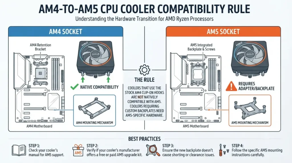 CPU cooler AM4 to AM5 compatibility showing stock AMD backplate mounting and exceptions