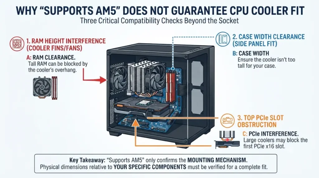 CPU cooler showing AM5 socket compatibility versus complete case and RAM fit