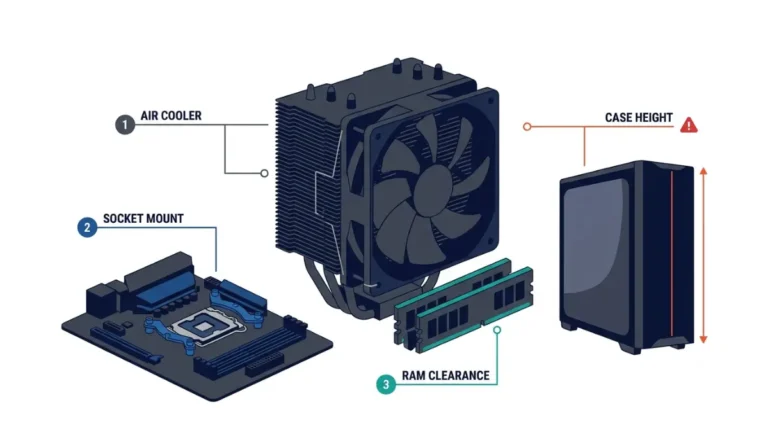 CPU cooler compatibility diagram showing socket mounting, RAM clearance, and PC case height checks