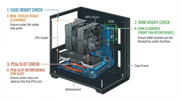 CPU cooler compatibility guide showing socket mounting, case height, and RAM clearance checks