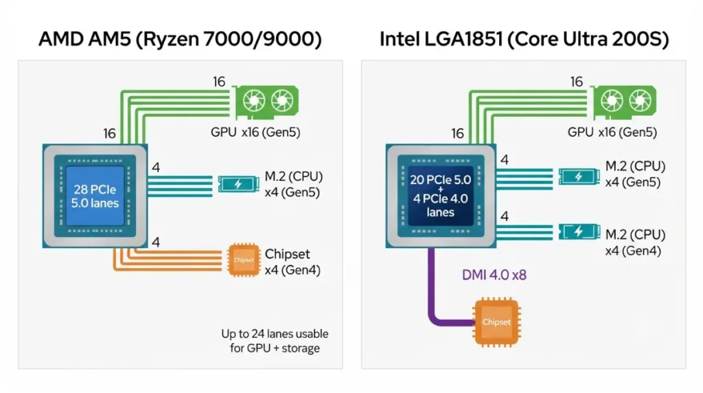 AMD AM5 and Intel LGA1851 CPU PCIe Lane Sharing and allocation diagram for GPU and M.2