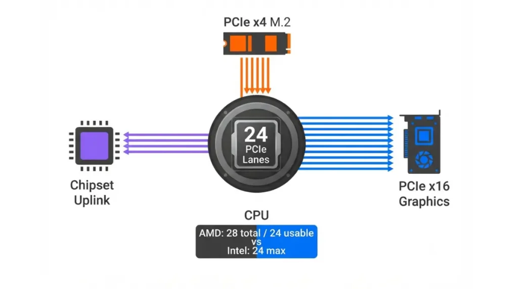 CPU PCIe lane budget diagram showing 24 lanes allocated to M.2 GPU slots and chipset with AMD and Intel specifications