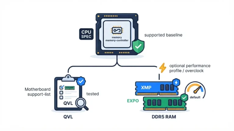 QVL vector diagram showing CPU memory specification above motherboard QVL testing and XMP or EXPO RAM profiles