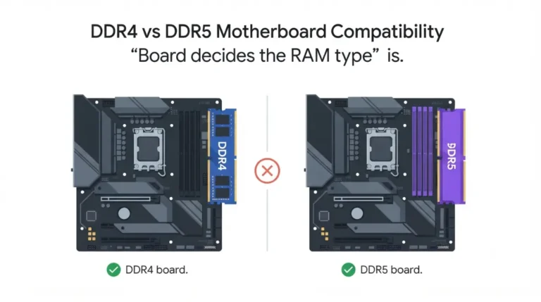 DDR4 vs DDR5 motherboard compatibility vector illustration showing separate DDR4 and DDR5 RAM modules matched with their correct motherboard slots.