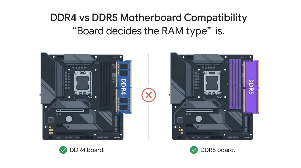 DDR4 vs DDR5 motherboard compatibility vector illustration showing separate DDR4 and DDR5 RAM modules matched with their correct motherboard slots.