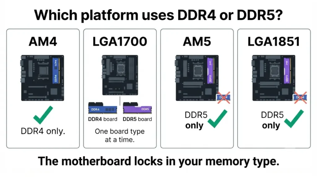 DDR4 vs DDR5 platform compatibility map showing AM4 as DDR4 only, LGA1700 in separate DDR4 or DDR5 versions, and AM5 and LGA1851 as DDR5 only.