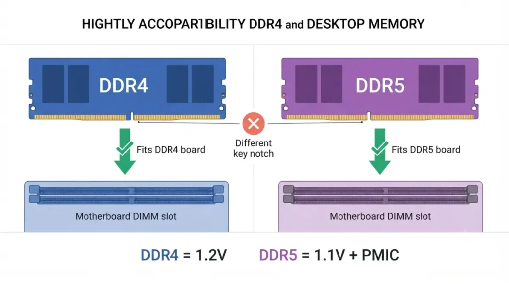 DDR4 vs DDR5 RAM notch comparison vector diagram showing different module key positions and matching DDR4 and DDR5 motherboard memory slots.
