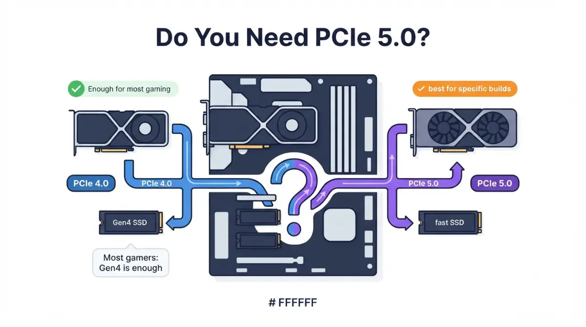 PCIe 5.0 Motherboard vector comparison of Gen4 and Gen5 connections for a gaming GPU and NVMe SSD.