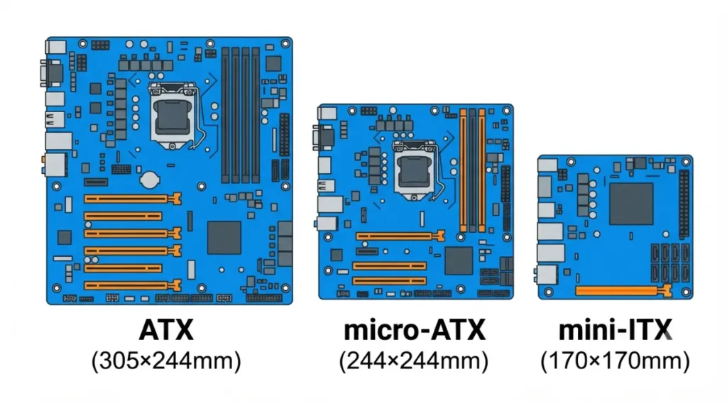 Comparison of ATX, micro-ATX, and mini-ITX motherboard limits showing number of PCIe expansion slots each supports