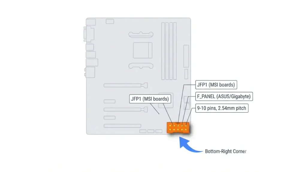 Motherboard bottom right corner showing JFP1 F_PANEL front panel header location with callout