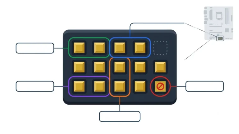 Diagram of a ten-position motherboard Front Panel header with the power switch, reset and LED pin pairs labeled