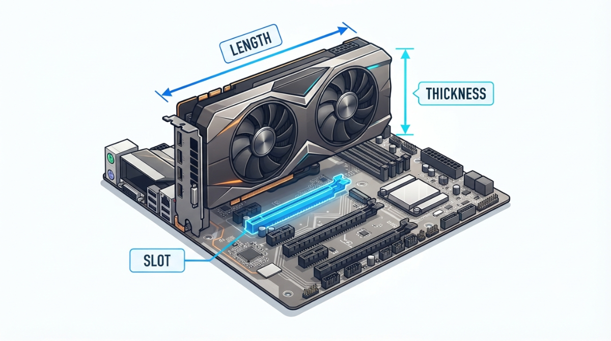 GPU motherboard compatibility showing graphics card length, thickness, and PCIe slot checks