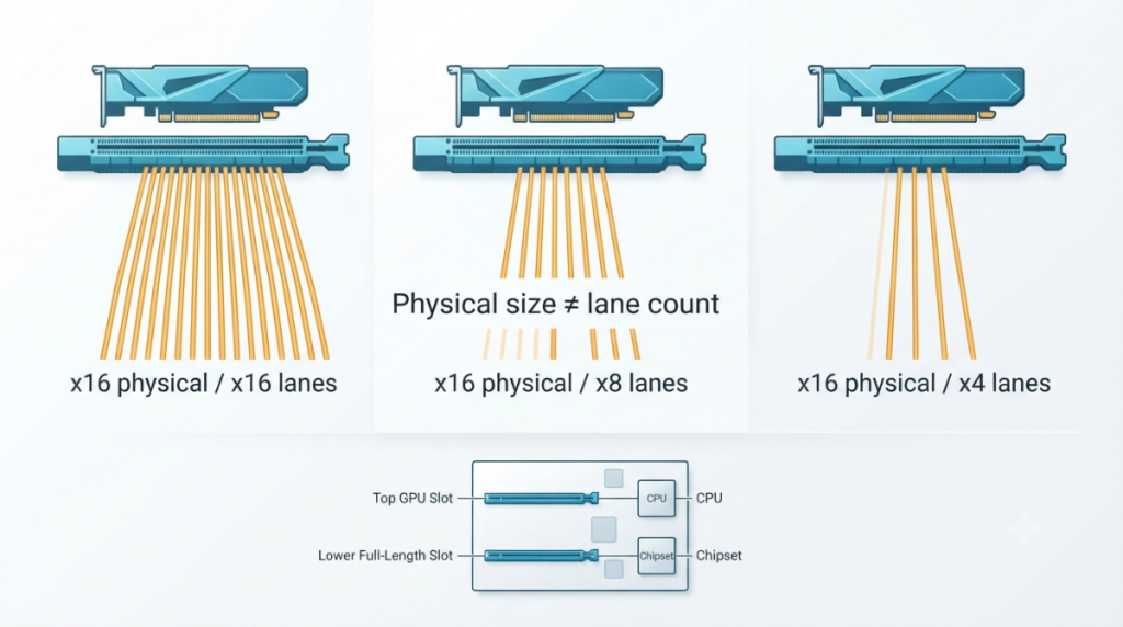 GPU motherboard PCIe x16 compatibility showing x16, x8, and x4 electrical lane configurations