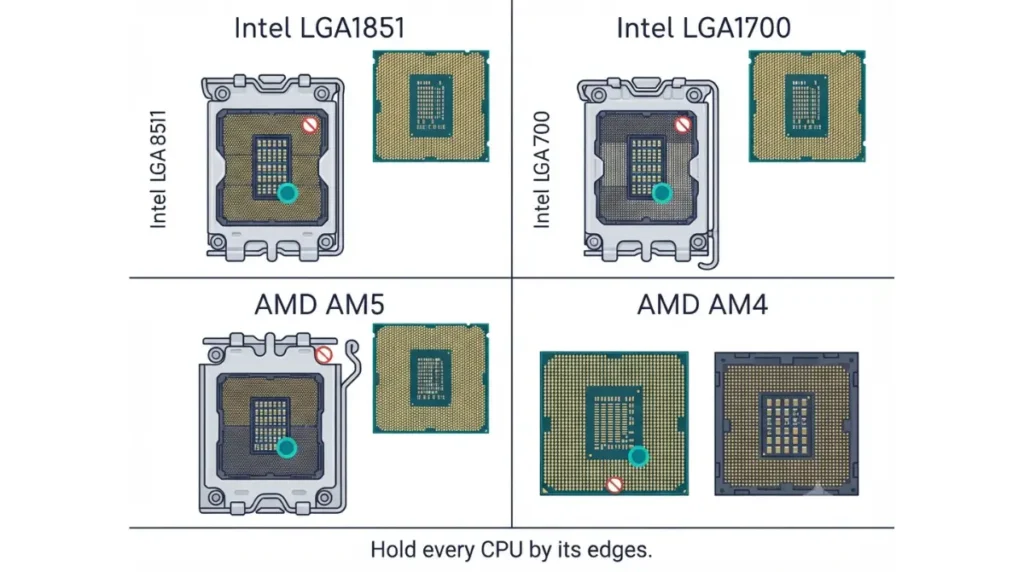 Install CPU platform chart showing motherboard socket contacts on LGA1700, LGA1851 and AM5, and CPU pins on AM4.