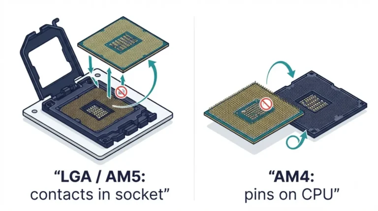 Install CPU comparison showing LGA and AM5 socket contacts versus exposed pins on an AMD AM4 processor.