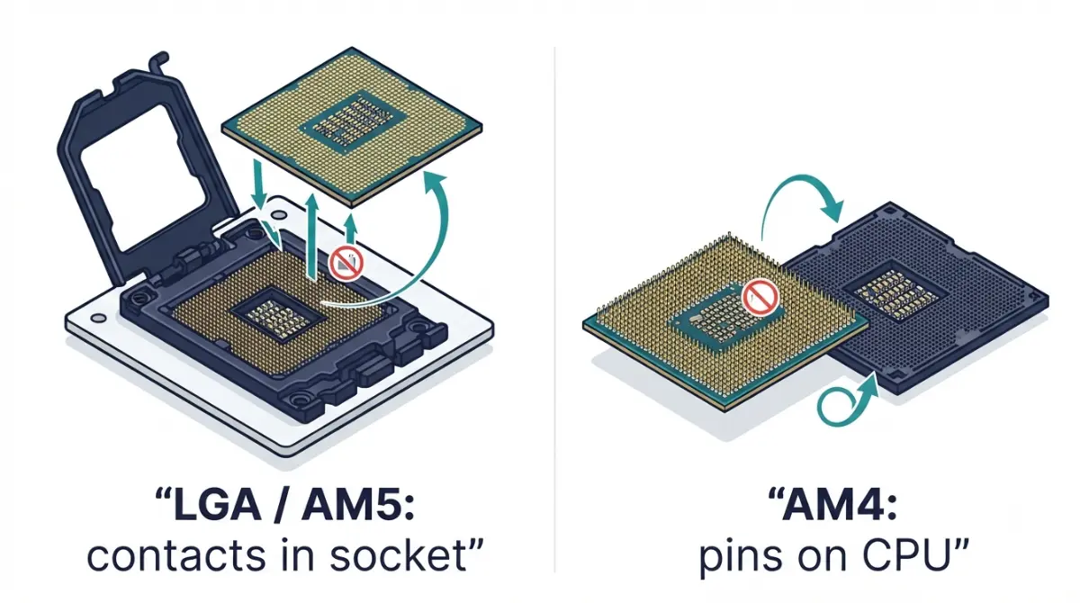 Install CPU comparison showing LGA and AM5 socket contacts versus exposed pins on an AMD AM4 processor.