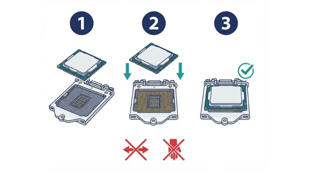 Install LGA CPU by aligning the triangle and notches, then lowering it straight into the socket without sliding or pressing.