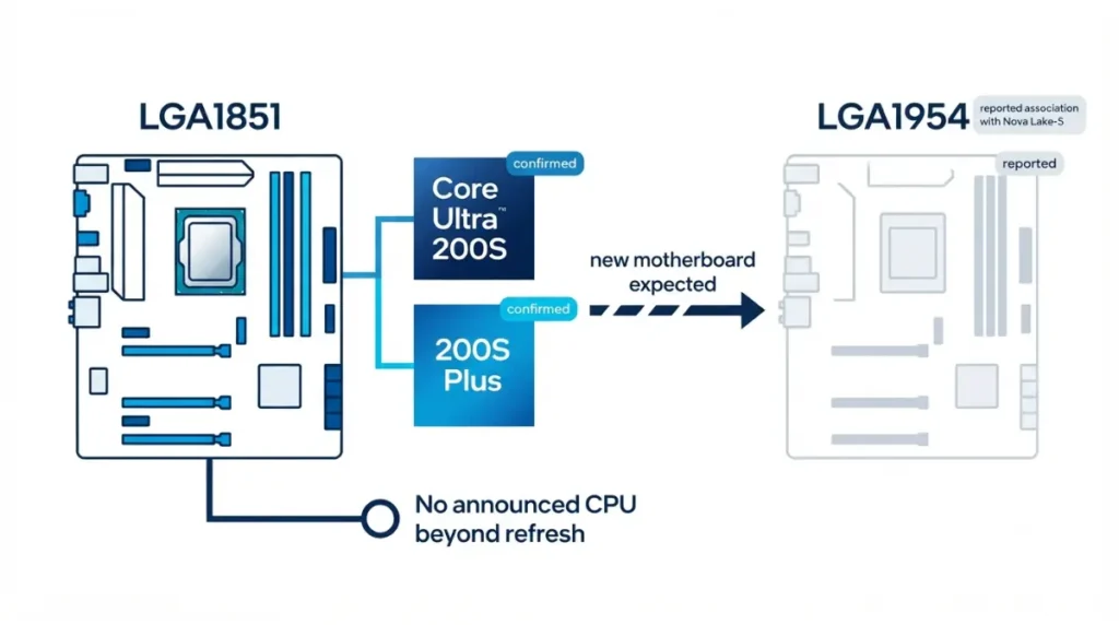 AM5 comparison showing LGA1851 with Core Ultra 200S and 200S Plus before a reported transition to the LGA1954 socket