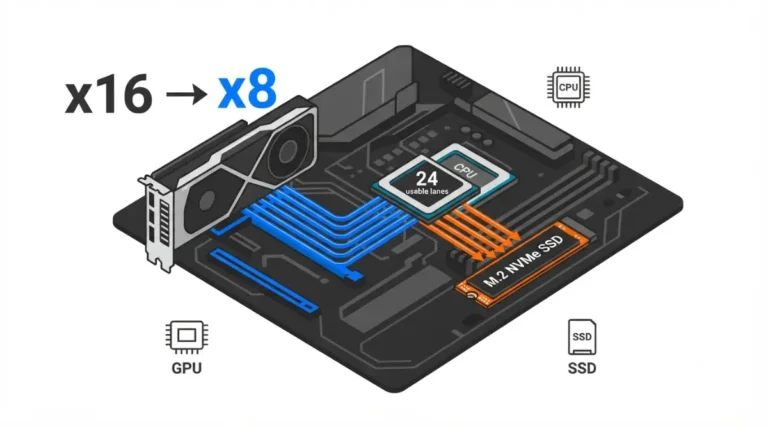 M.2 GPU PCIe lane sharing on motherboard showing bandwidth distribution between graphics card and NVMe SSD slots