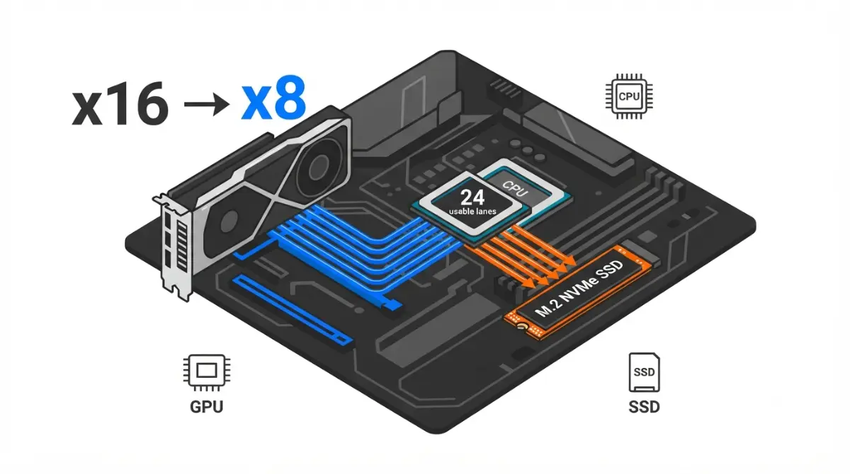 M.2 GPU PCIe lane sharing on motherboard showing bandwidth distribution between graphics card and NVMe SSD slots