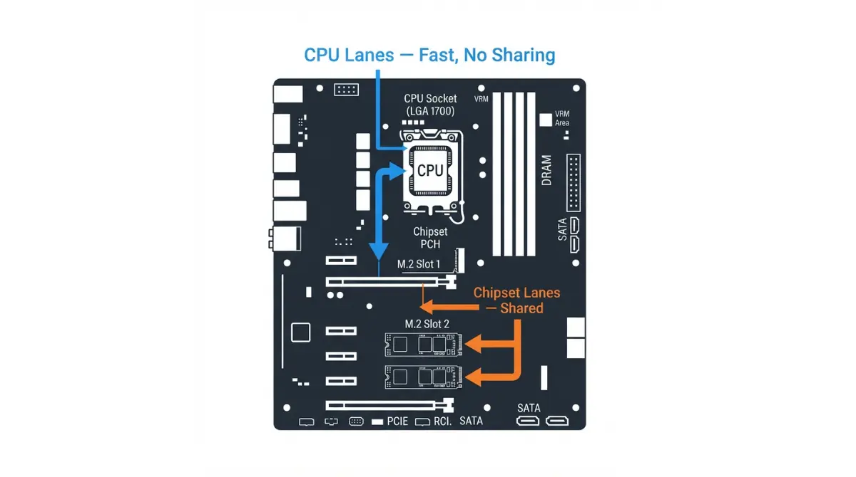 “M.2 slots get lanes from CPU or chipset — vector diagram”