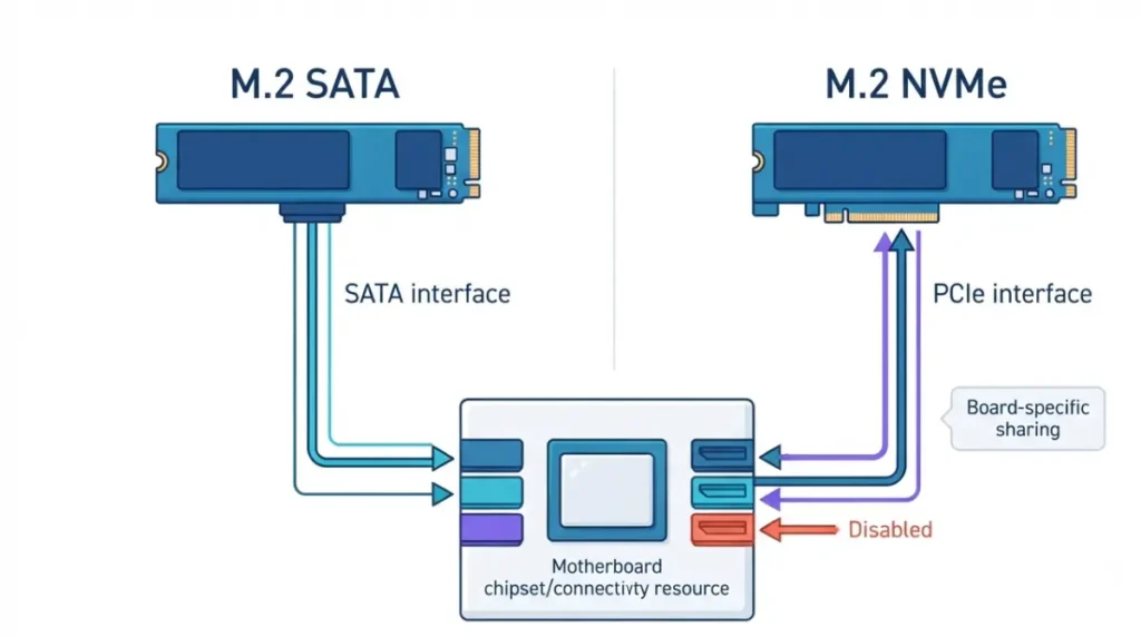 M.2 NVMe and SATA connectivity showing how a motherboard can share resources with a SATA port