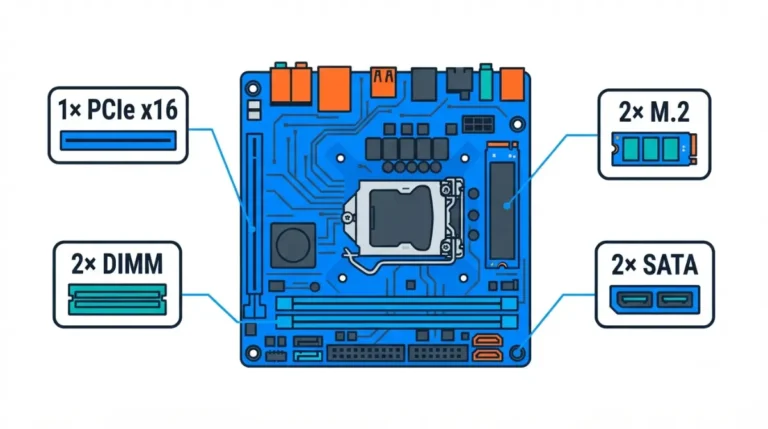 Mini-ITX motherboard limits diagram showing one PCIe slot, two DIMM slots, two M.2 slots, and two SATA ports