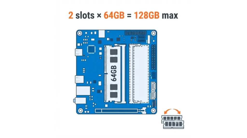 Mini-ITX RAM limits diagram showing two DIMM slots with 64GB per slot for 128GB maximum total