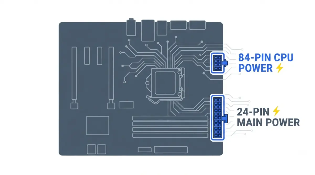 Vector illustration of motherboard with 24-pin ATX and 8-pin EPS CPU Power Connector labeled on pure white background