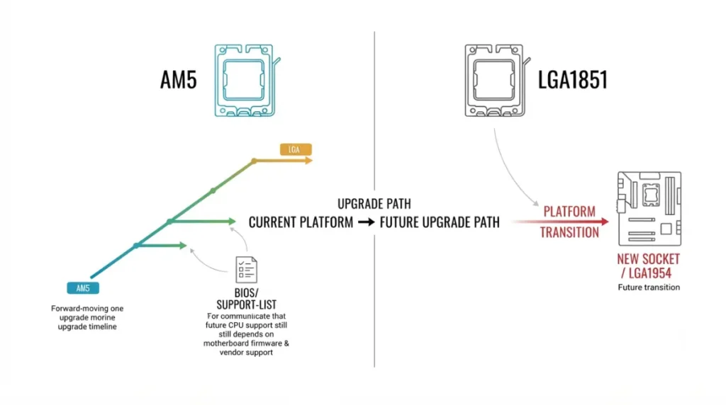 Motherboard AM5 vs LGA1851 platform comparison showing CPU upgrade paths and future socket transition